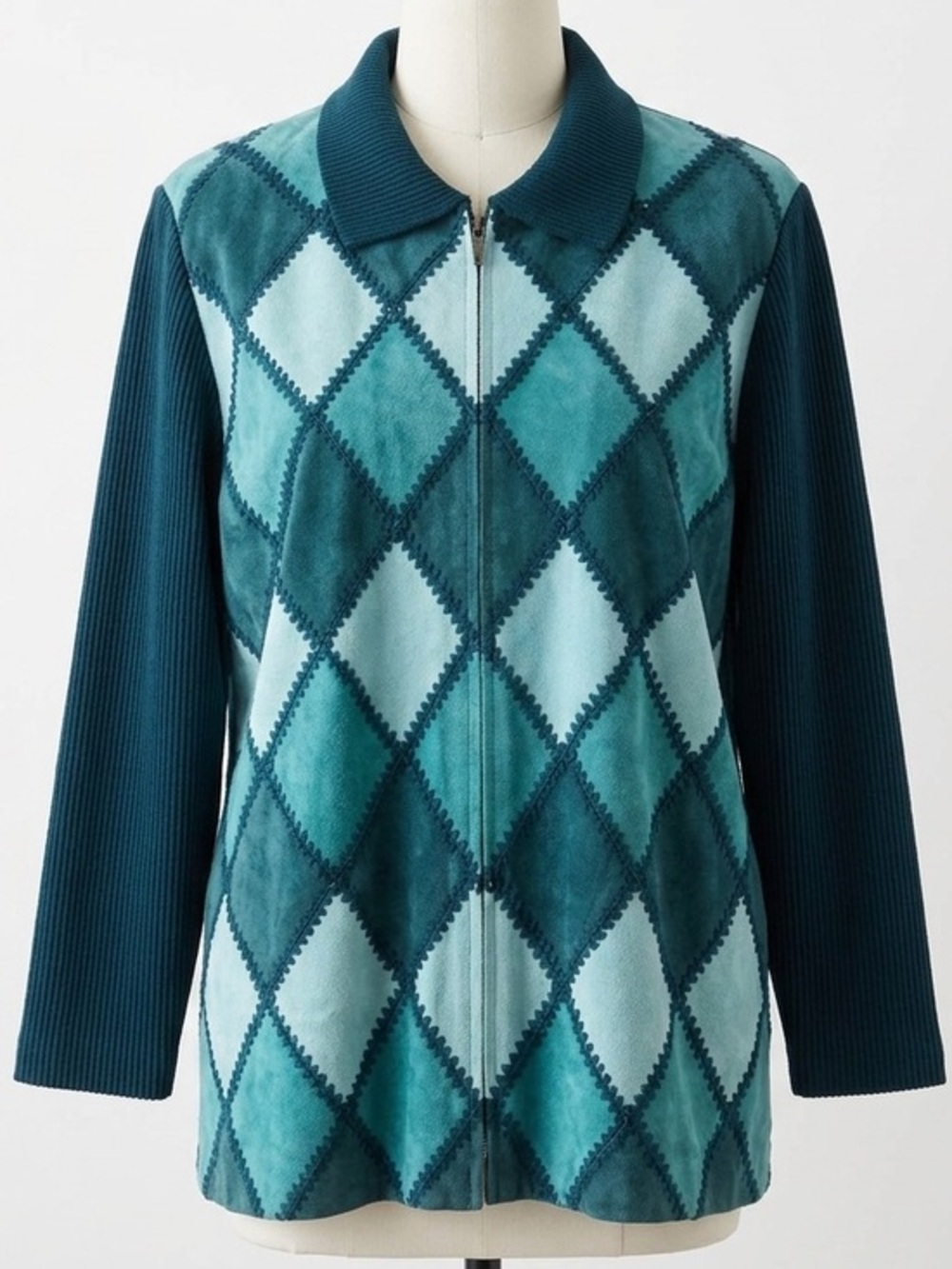 Vintage Teal Suede Argyle Patchwork Jacket Linea by Louis Dell'Olio Size 1X